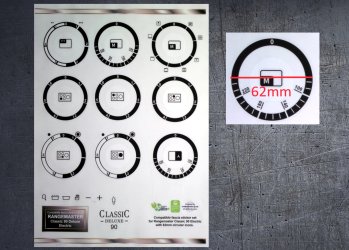 Rangemaster Classic deluxe 90 Electric compatible fascia sticker set, 62mm icons. (image for) Rangemaster Classic deluxe 90 Electric compatible fascia sticker set, 62mm icons.